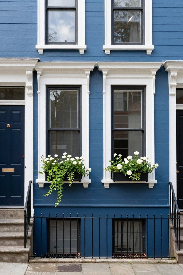 Two-story navy blue clapboard townhouse exterior with white trim around double-hung windows and doors, flower boxes with white flowers and trailing vines under the windows, navy front doors, stone steps, and black wrought-iron basement railings.