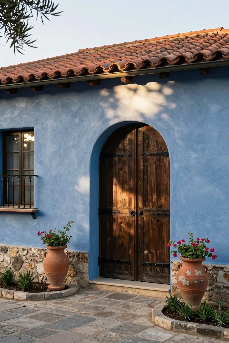 Blue stucco house facade with arched double wooden door featuring iron hinges and handles, flanked by large terracotta pots with geraniums, terracotta tile roof, and stone paver pathway.