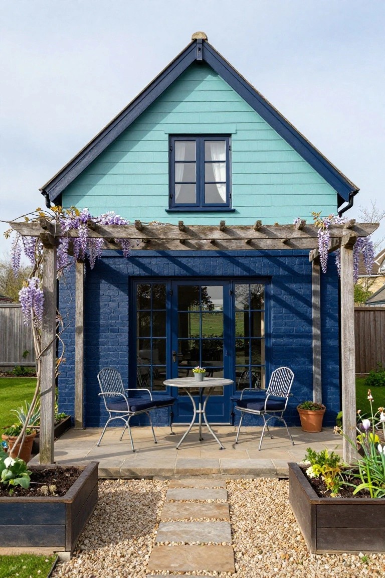 House exterior with light turquoise wood siding on upper walls, dark navy blue brick on lower walls and around a glass door and windows, wooden pergola with purple wisteria, small metal table and two chairs on a paved patio, gravel path, and planted beds.