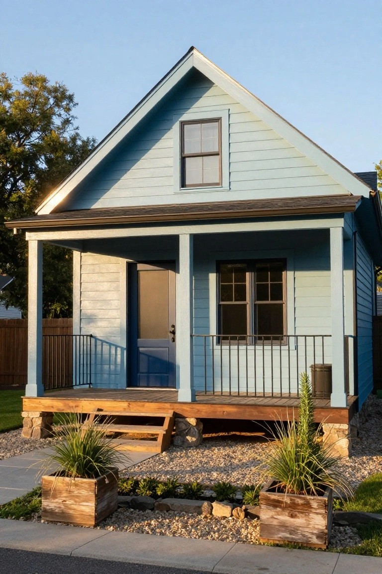Small light blue clapboard house with gabled roof, dark blue front door on covered porch with railing, gravel yard edged by wooden planters with grasses.