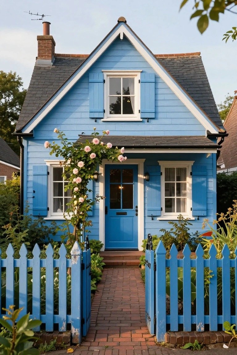 Light blue clapboard cottage with white window trim and blue shutters, blue front door, pink climbing roses over the entrance, blue picket fence, brick path, and front garden plantings.