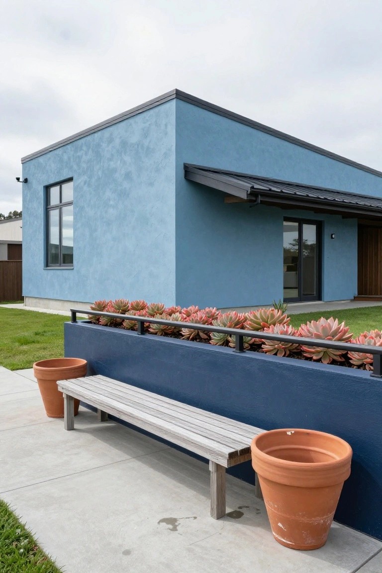 Corner exterior of a light blue stucco house with dark blue lower planter wall filled with red-tinged succulents, wooden bench, two empty terracotta pots, glass entry door, and adjacent lawn.