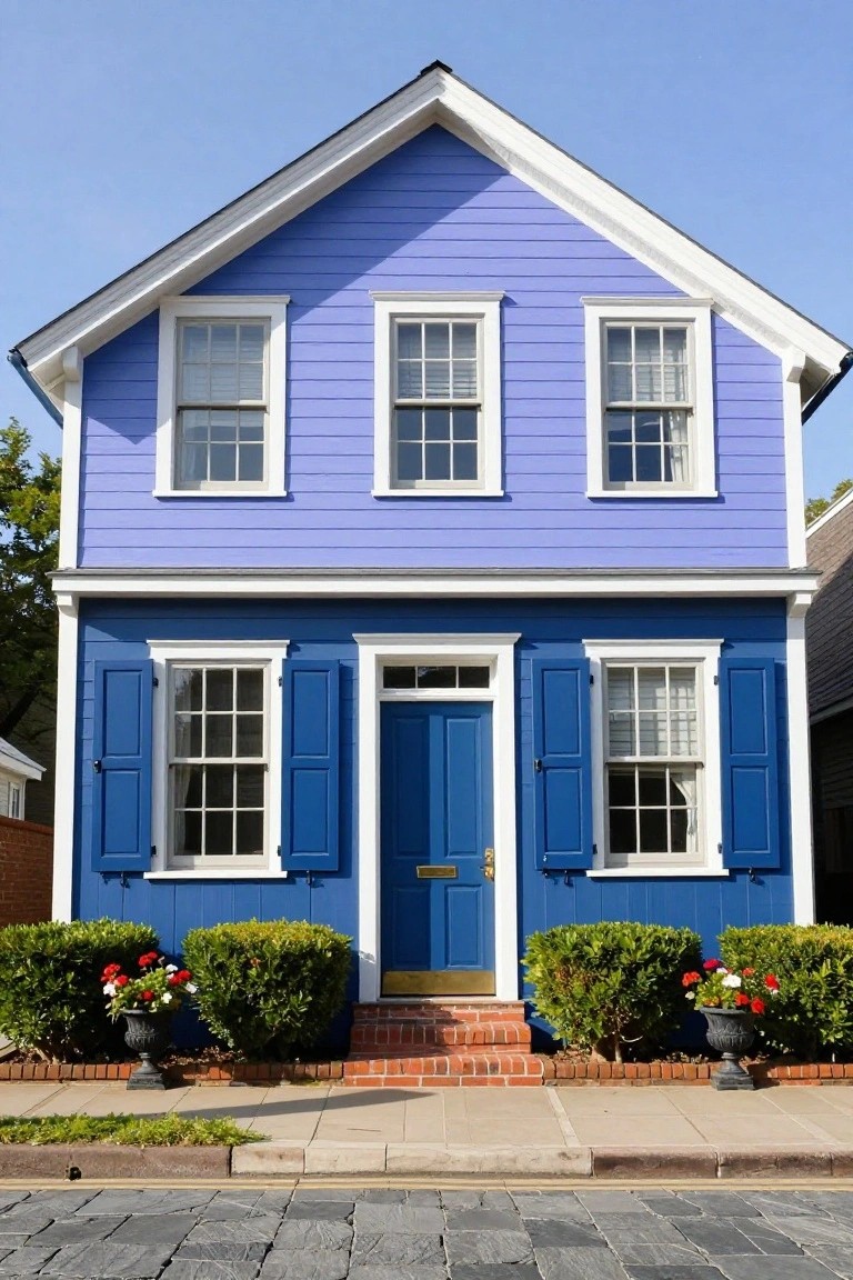 A narrow two-story clapboard house painted light purple-blue with darker navy blue base, shutters, and door, white trim, flanked by boxwood shrubs and flower pots on brick steps beside a cobblestone sidewalk.