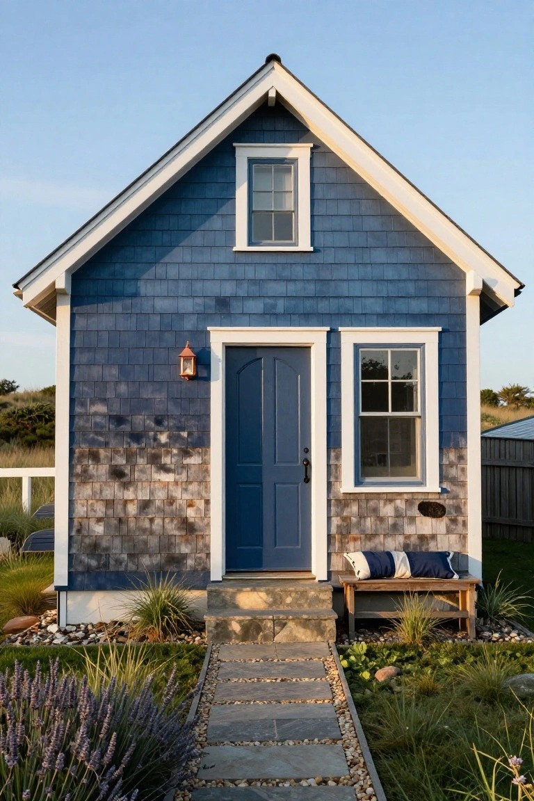Small blue shingled house with white trim, navy front door, copper lantern light, wooden bench on stone steps, gravel pathway, and low grasses and lavender plants in front.