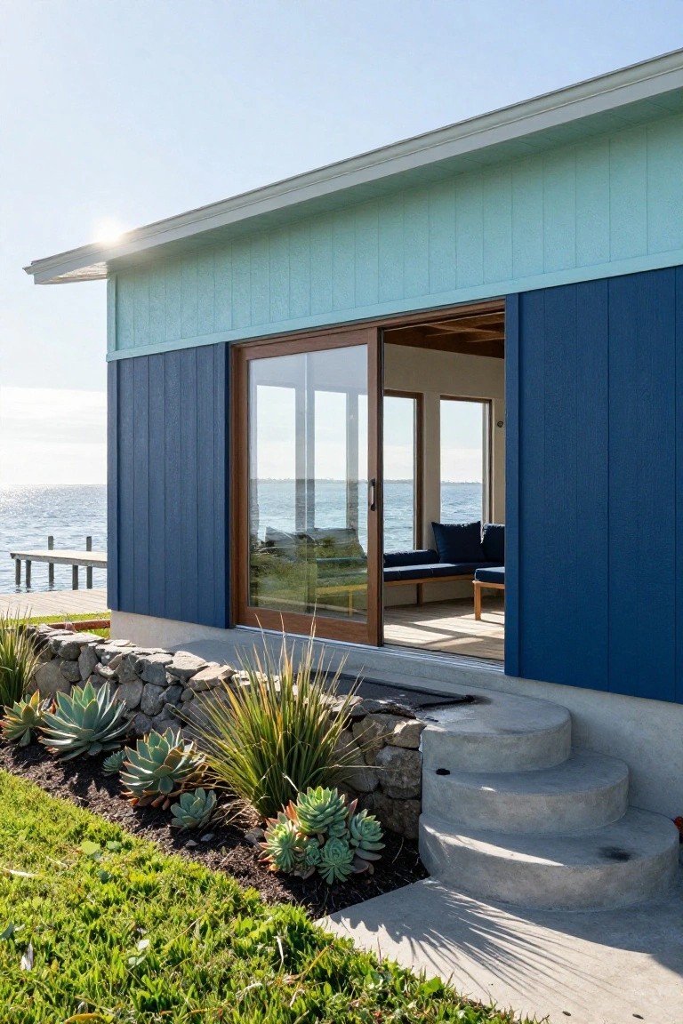 Side view of a modern house with light teal upper siding and dark navy lower siding, wooden sliding glass doors partly open to interior, concrete steps up to entry, stone retaining wall with agave and flax plants, grass, and view of water with dock.
