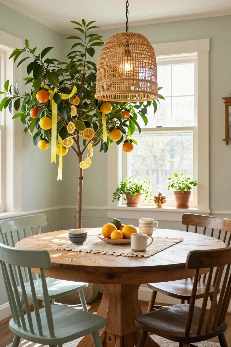 Dining area with round wooden table set with oranges, bowls, and mugs, surrounded by mixed chairs, a potted orange tree decorated with yellow ribbons and dried lemon slices under a wicker pendant light, beside windowsill plants.
