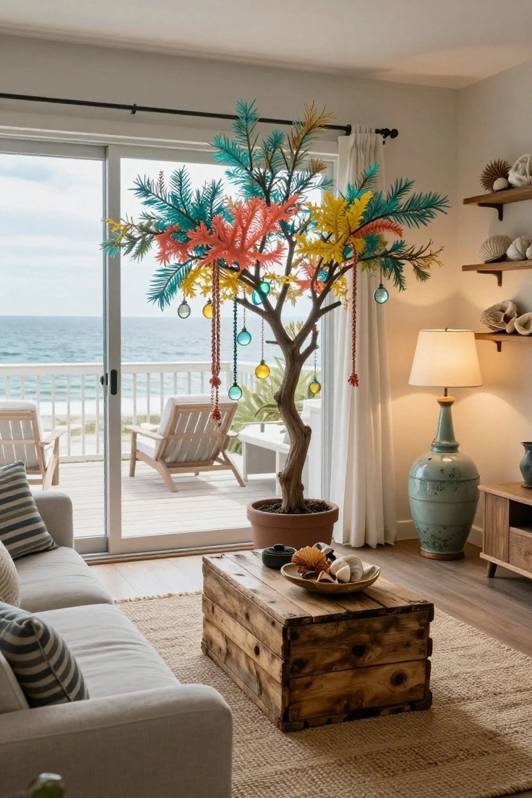 Living room featuring a tall artificial Christmas tree styled as a tropical palm with teal, orange, and yellow fronds and colorful glass ornaments, positioned near sliding glass doors with ocean view, beside a beige sofa and wooden coffee table.