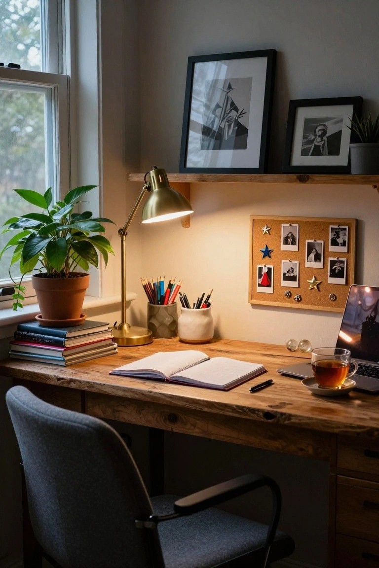 Cozy home office with rustic wooden desk, brass lamp turned on, potted plant, stack of books, open notebook, tea cup, laptop, and wall corkboard pinned with polaroid photos and colorful star shapes next to framed artwork.