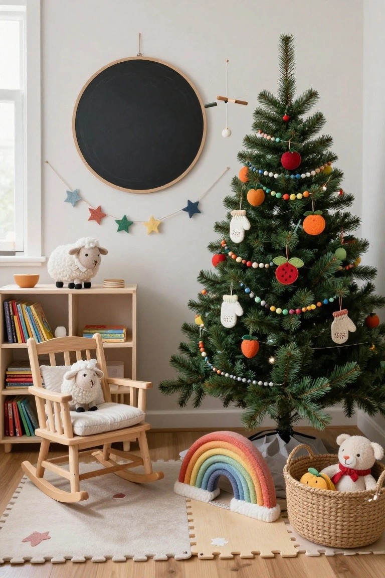 Cozy nursery room with a multicolored Christmas tree decorated in felt fruits, garlands, knitted mittens, and beads, beside a wooden rocking chair, bookshelves, stuffed animals, and a rainbow toy arch on a playmat floor.