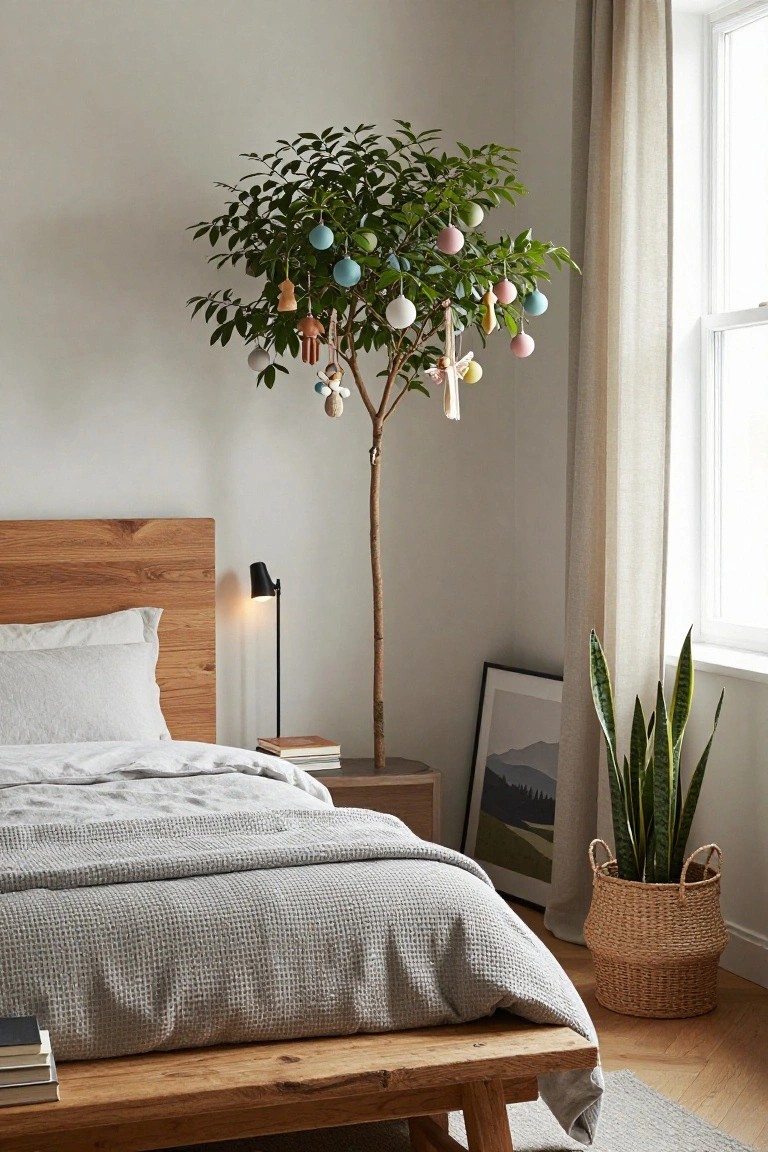 Bedroom corner with tall potted money tree decorated with multicolored baubles and hanging felt ornaments, wooden platform bed with gray linens, bedside lamp and books, framed art, snake plant in basket, beige walls, and window with linen curtain.