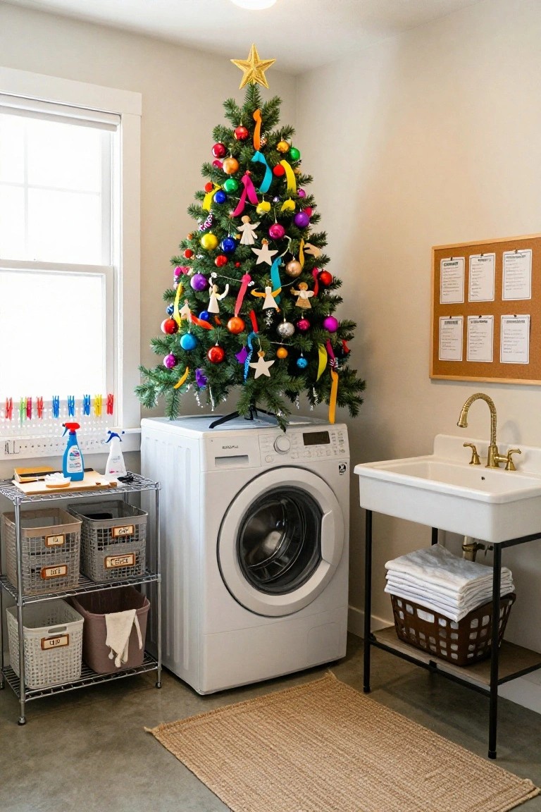 A small Christmas tree decorated with multicolored ornaments and ribbons stands next to a white front-loading washing machine in a laundry room with a utility sink, metal shelving unit, and corkboard on the wall.