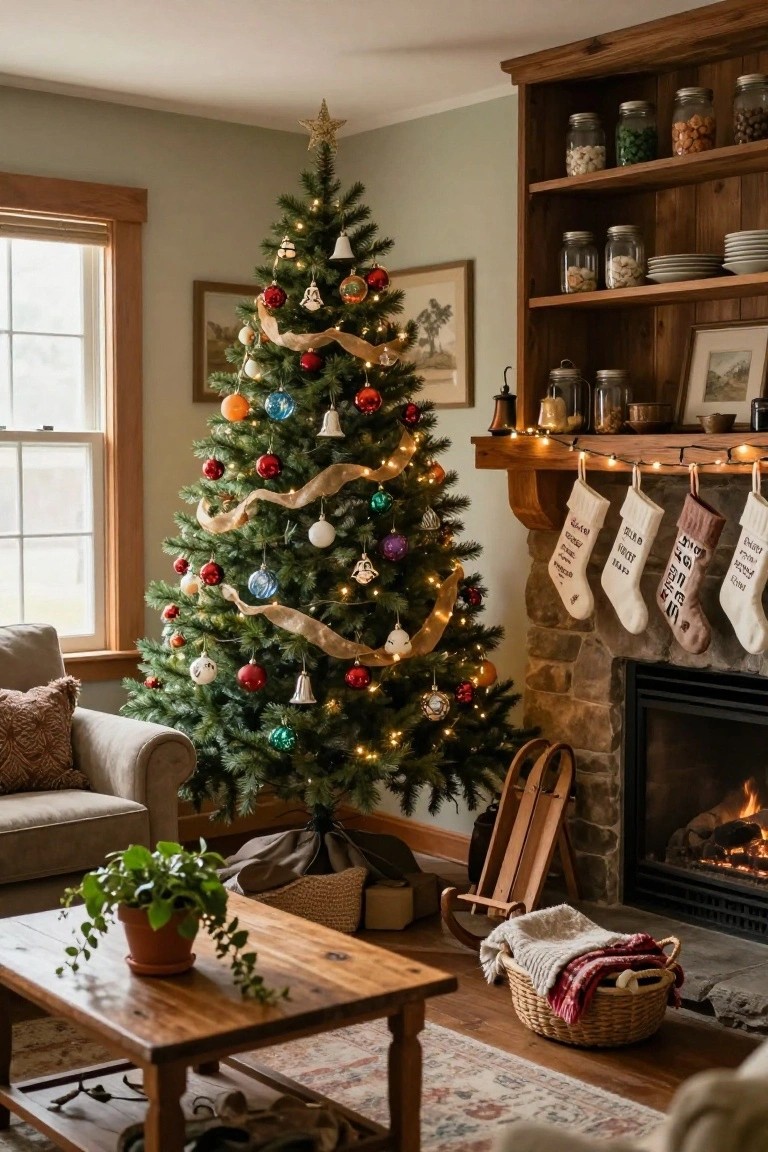A living room with a lit Christmas tree decorated in multi-colored ornaments and ribbons next to a stone fireplace with white stockings hung above, wooden furniture, coffee table with potted plant, and open shelves.