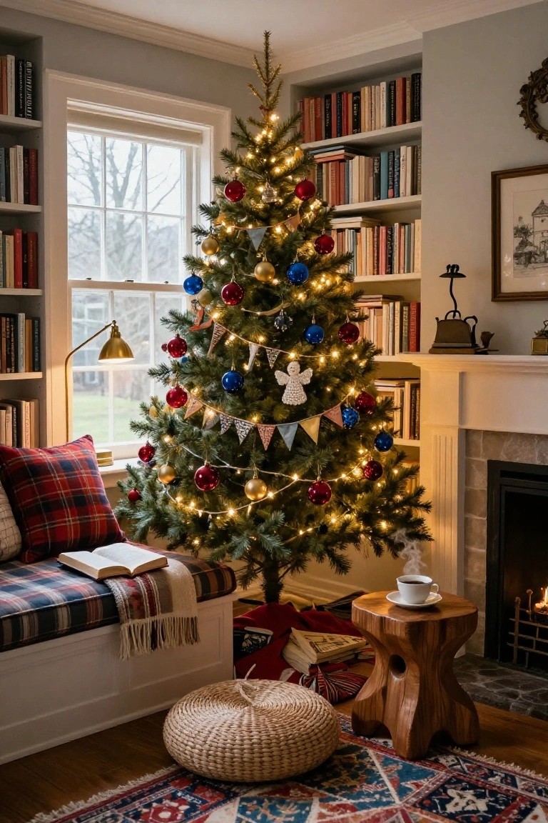 Cozy room interior with a lit Christmas tree decorated in red, blue, gold ornaments and white lights, flanked by bookshelves, a plaid window seat, fireplace, and wooden stool holding a teacup.