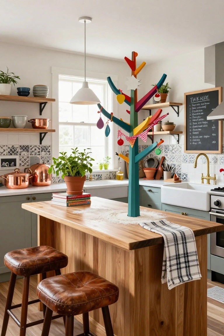 Kitchen interior featuring a tall sculptural Christmas tree with a green trunk and multicolored wooden branches decorated with ornaments, positioned beside a wooden island counter with leather bar stools, green cabinets, white sink, and assorted cookware and plants.