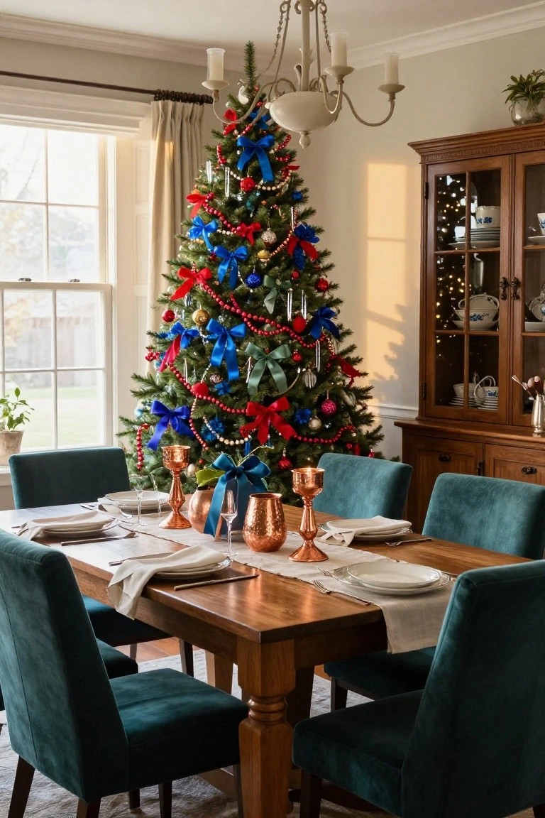Dining room featuring a tall Christmas tree decorated with red, white, and blue ribbons, beads, and ornaments beside a wooden table set with plates, copper glassware, and emerald green upholstered chairs.