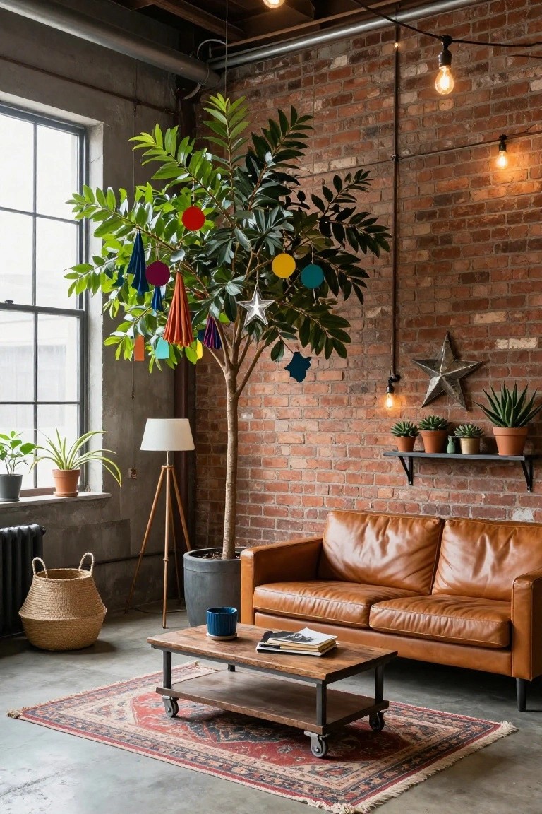 Industrial living room featuring exposed brick walls, a tan leather sofa, wooden coffee table, potted plants, and a tall leafy houseplant decorated with multicolored hanging paper streamers, circles, and stars as a Christmas tree.