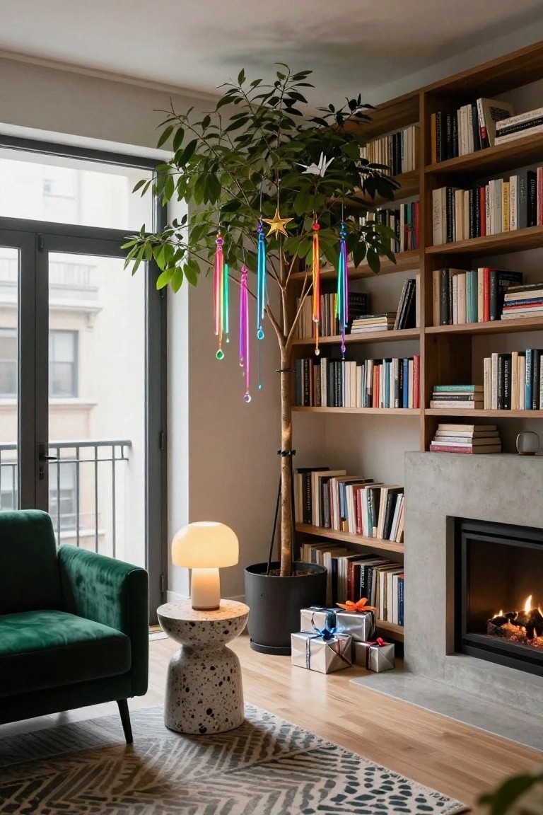 A modern living room corner featuring wooden bookshelves filled with books, a tall potted tree decorated with rainbow-colored hanging strands, stars, and beads, a green velvet armchair next to a speckled side table with a lamp, wrapped gifts on the floor, and a concrete fireplace with a fire burning.