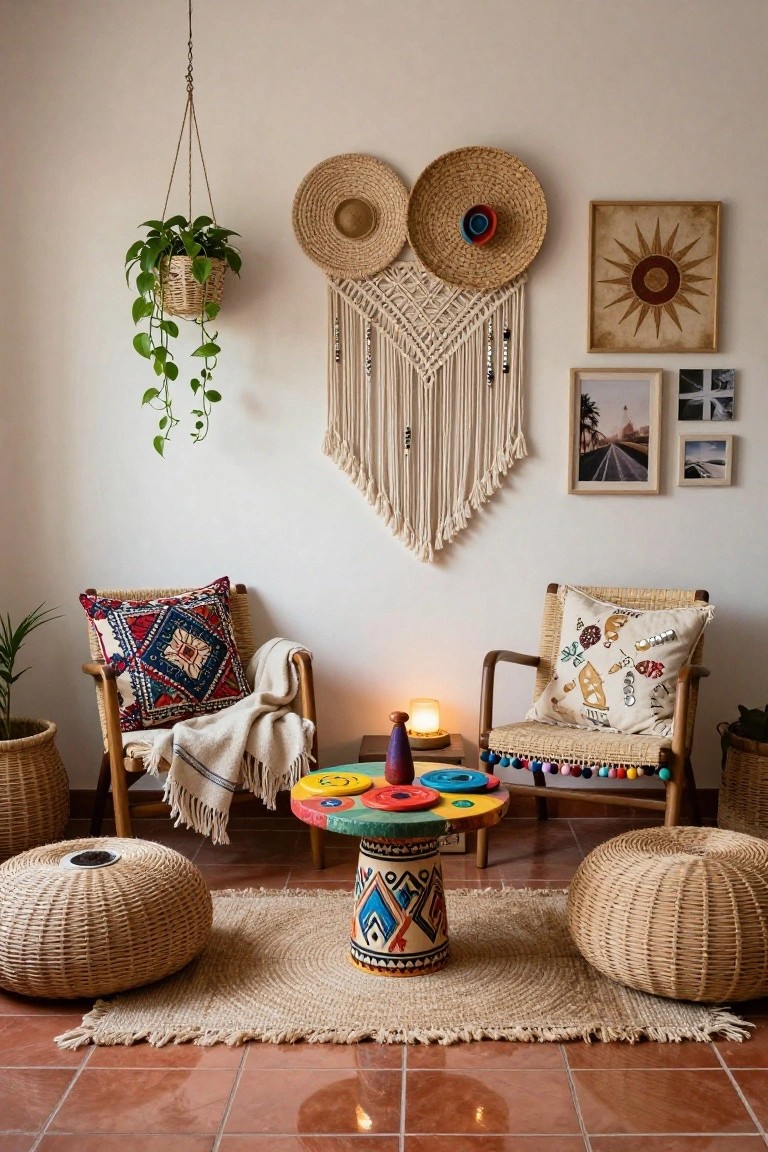Indoor bohemian seating nook with two rattan armchairs featuring colorful patterned cushions and throws, a low round table topped with multi-colored discs, woven poufs, macrame wall hanging, hanging plant, woven hat wall decor, and terracotta tile floor.