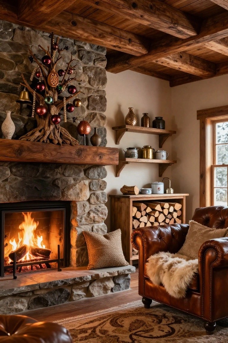 Stone fireplace in a cabin-style living room with wooden beams and shelves, featuring a driftwood branch Christmas tree on the mantel decorated with multi-colored ornaments and bells, next to a leather armchair with sheepskin throw.
