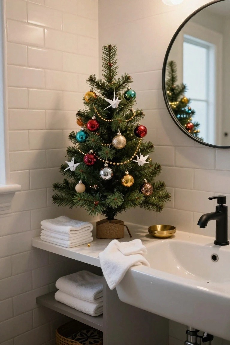 Small artificial Christmas tree decorated with multicolored ornaments and beads on a bathroom shelf next to a white sink, folded towels, and subway tile walls.