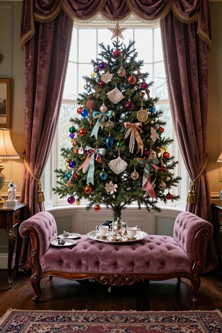 Elegant interior room featuring a fully decorated multi-colored Christmas tree in a bay window, purple velvet chaise lounge with silver tea service, heavy mauve drapes, and antique furnishings on wood floors.
