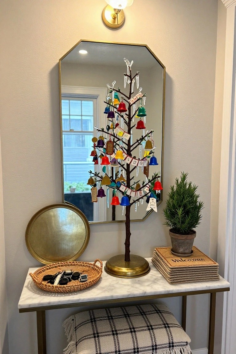 Entryway console table with a tall branch tree decorated in multicolored bells and hanging tags, positioned in front of a gold octagon mirror, beside a potted rosemary plant and woven basket on a marble surface.