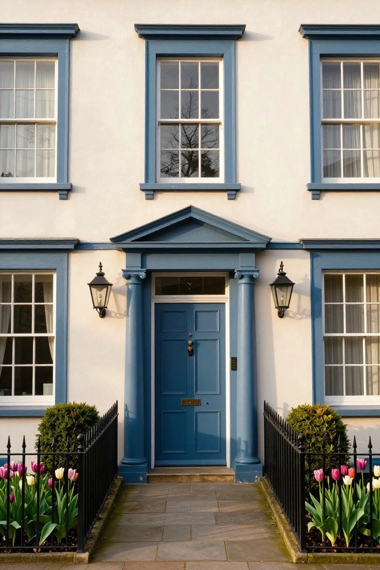 White two-story house exterior with blue window frames and trim, a blue front door under a pediment supported by columns, black lanterns flanking the entry, black wrought-iron fence, and tulip beds on either side.