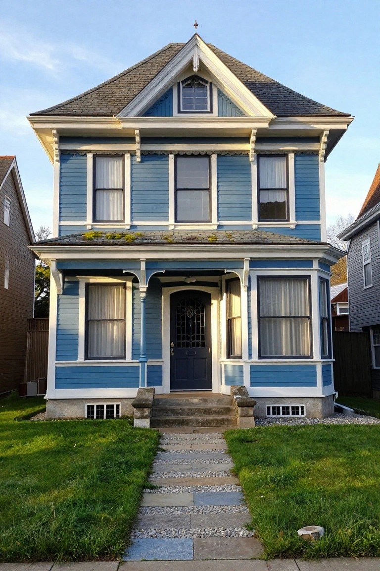 Front exterior of a two-story blue Victorian house with white trim, gabled roof, bracketed porch, dark front door, stone steps with urns, and a stone path through a grassy front yard.