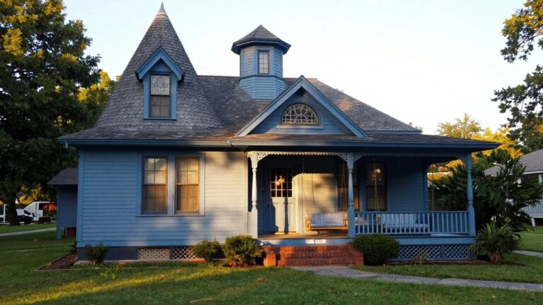 A two-story deep blue Victorian house with an octagonal turret topped by a pointed shingled roof, ornate front porch with spindle details, brick steps, potted plants, and a stone walkway through the lawn.