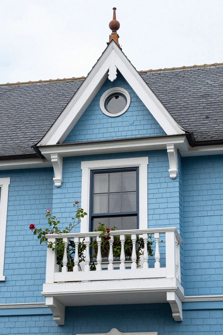 Blue shingled Victorian house exterior showing a projecting white gable with oculus window, copper finial, black-framed double window on a white-railed balcony with red rose plants in planters, and decorative white brackets.