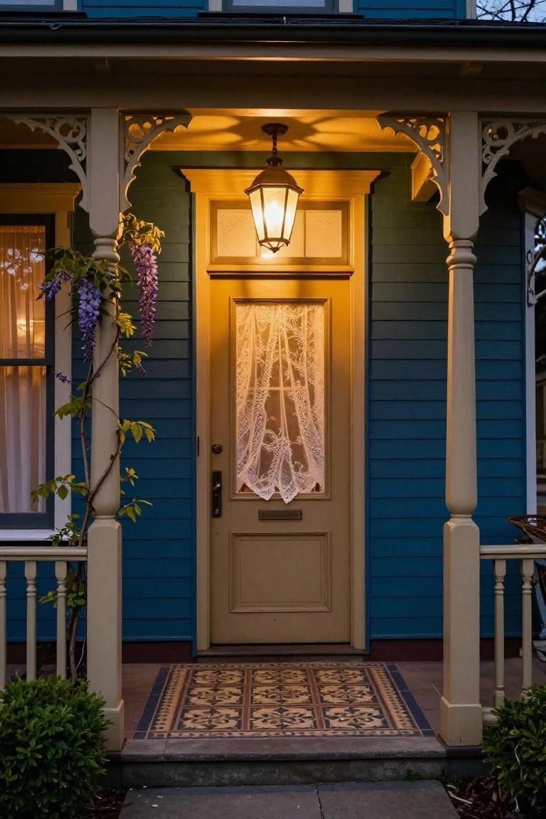 Blue Victorian house porch at dusk with cream front door featuring white lace curtain over glass panel, hanging lantern light, wisteria vine on post, boxwood shrubs, and patterned tile entry mat.