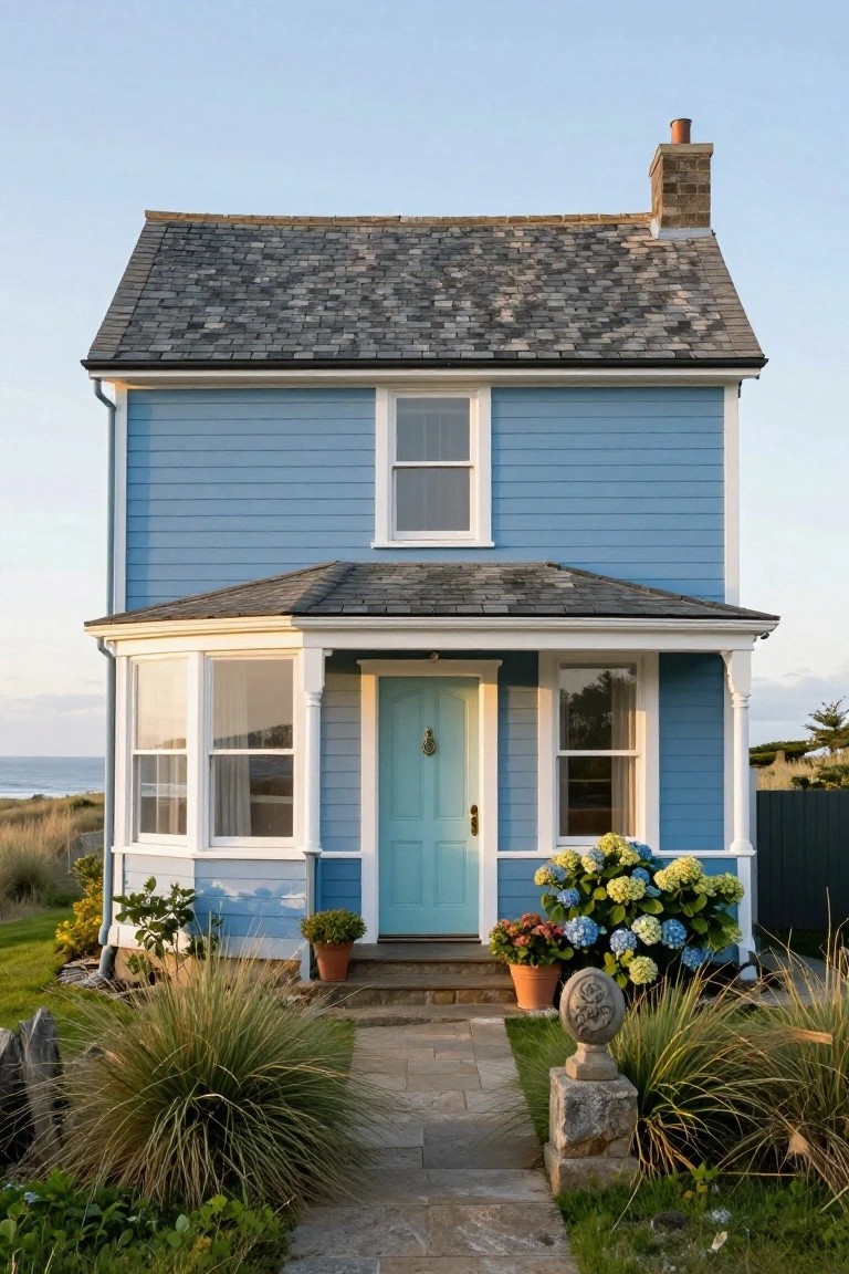 Light blue clapboard-sided Victorian cottage with white trim, slate roof, bay window porch, turquoise front door, hydrangea plants, stone pathway, and ocean view in the background.