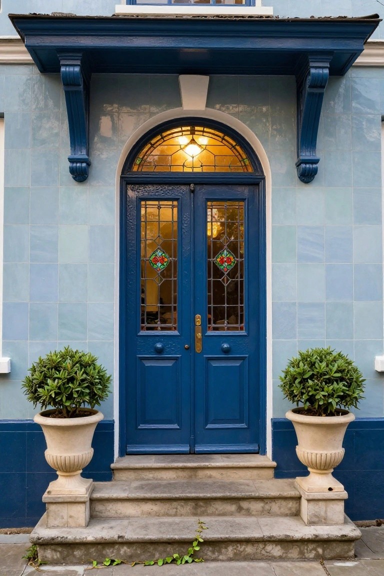 Close-up view of a house front entrance with deep navy blue double wooden doors featuring stained glass inserts, an arched yellow-lit transom window above, light blue glazed tile walls, flanked by stone urns holding clipped green topiary shrubs, and stone steps leading up.