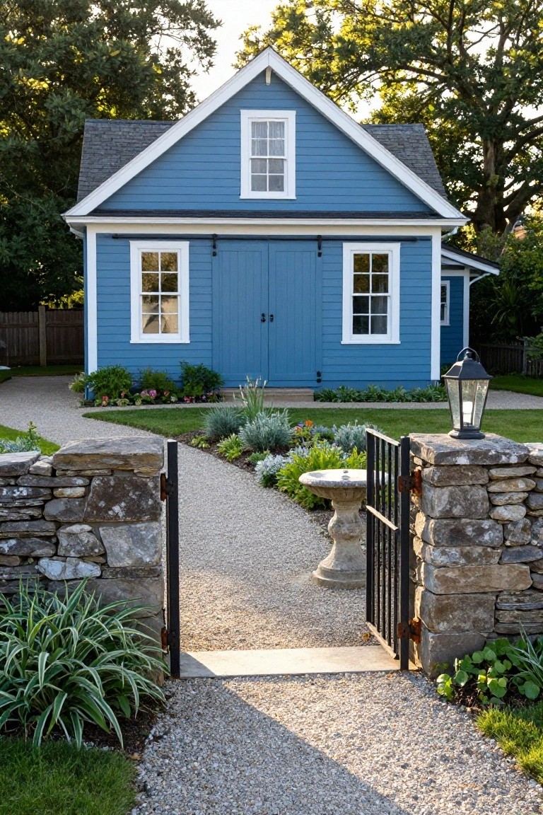 Small blue clapboard house with white trim, gable roof, double blue doors, flanked by plants, with a gravel path leading through an open black metal gate in stone walls and a lantern post.