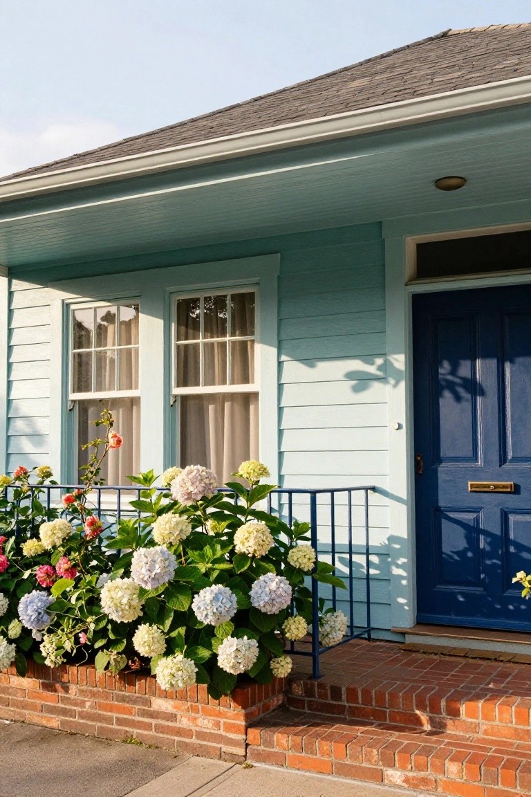 Light blue clapboard house with gabled roof, double-hung windows with beige curtains, dark blue paneled front door with brass letterbox, white and pink hydrangeas in brick-edged bed by metal railing, and brick steps on concrete driveway.