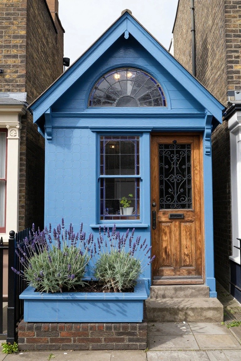 Narrow bright blue wooden house with gabled roof, arched stained glass window, side window with potted plant, ornate wooden front door, lavender plants in blue planters, between brick neighbor buildings on paved street.