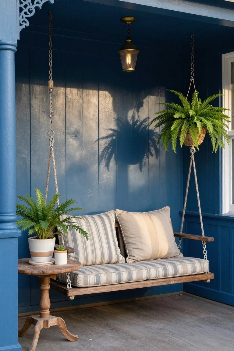 Wooden porch swing with beige and white striped cushions hanging from chains on a deep blue painted covered porch, with hanging basket ferns, potted ferns on a side table, and a brass lantern overhead.