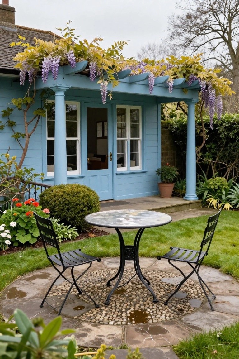 Blue wooden garden shed with white-trimmed windows and doors under a pergola covered in yellow-green wisteria and purple flowers, with a round glass-top metal table and two black metal chairs on a circular pebble patio surrounded by plants and shrubs.