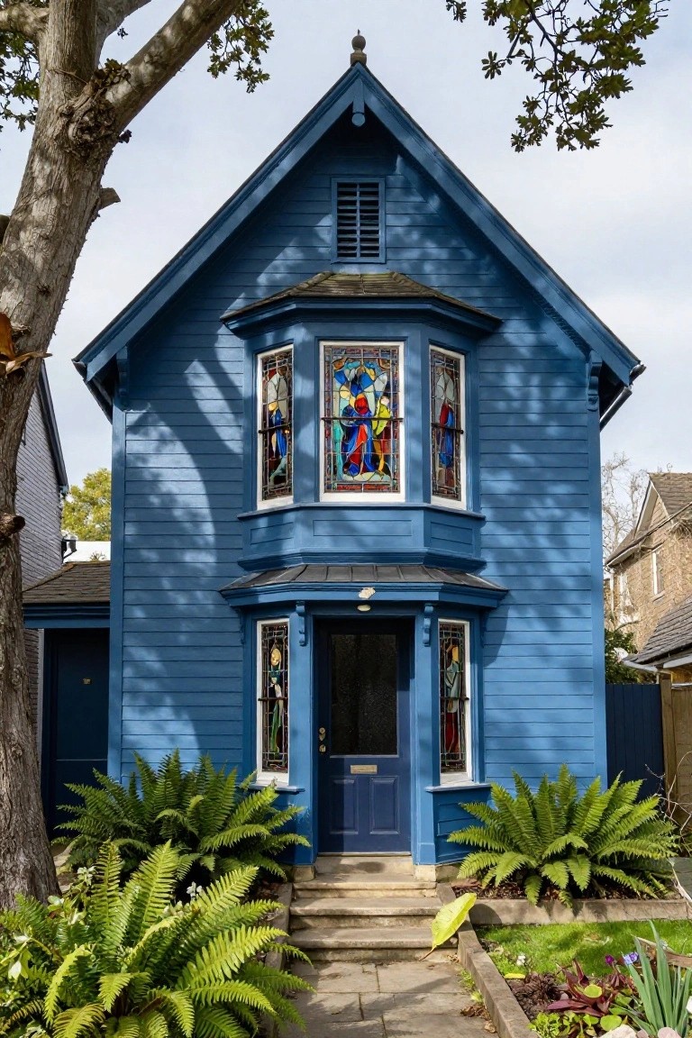 A deep blue Victorian house with colorful stained glass windows depicting figures in the upper bay window and entry side lights, surrounded by ferns, steps to a blue door, and a large tree.