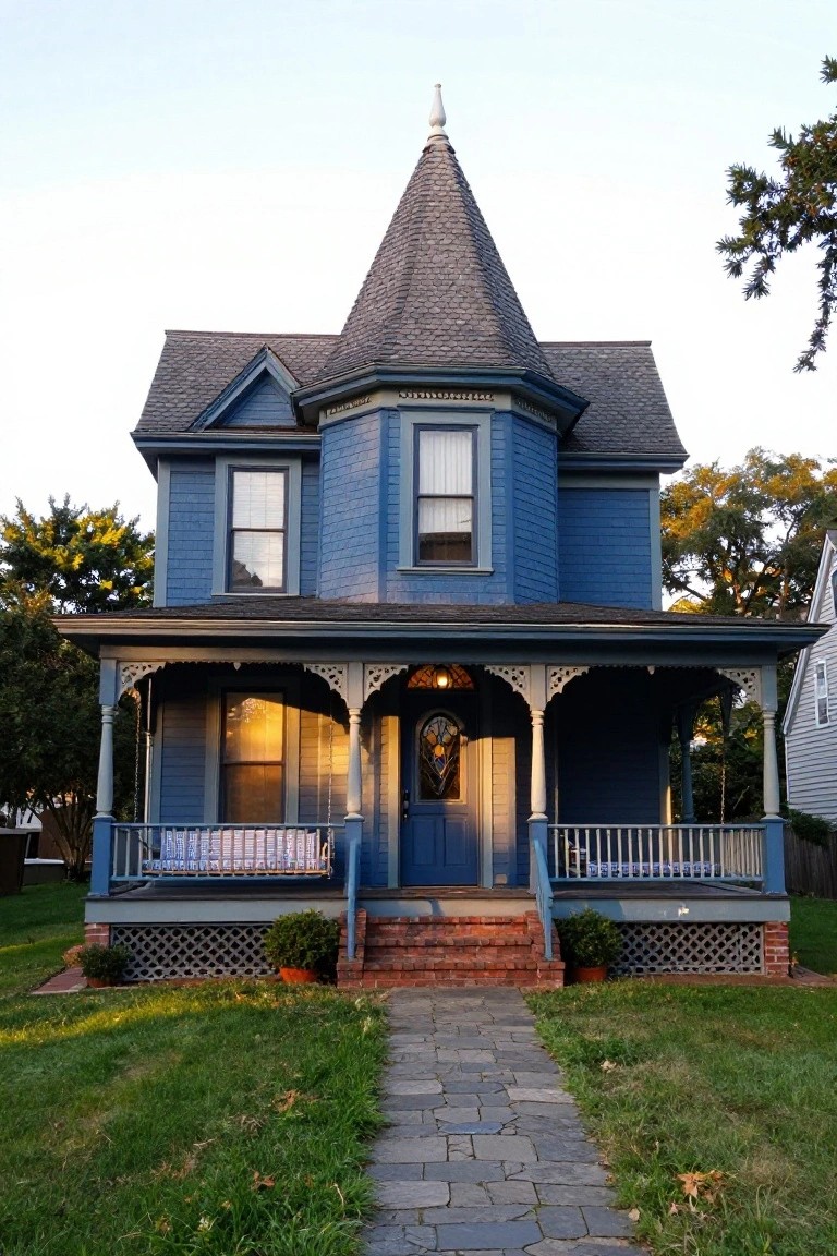 A two-story deep blue Victorian house with an octagonal turret topped by a pointed shingled roof, ornate front porch with spindle details, brick steps, potted plants, and a stone walkway through the lawn.