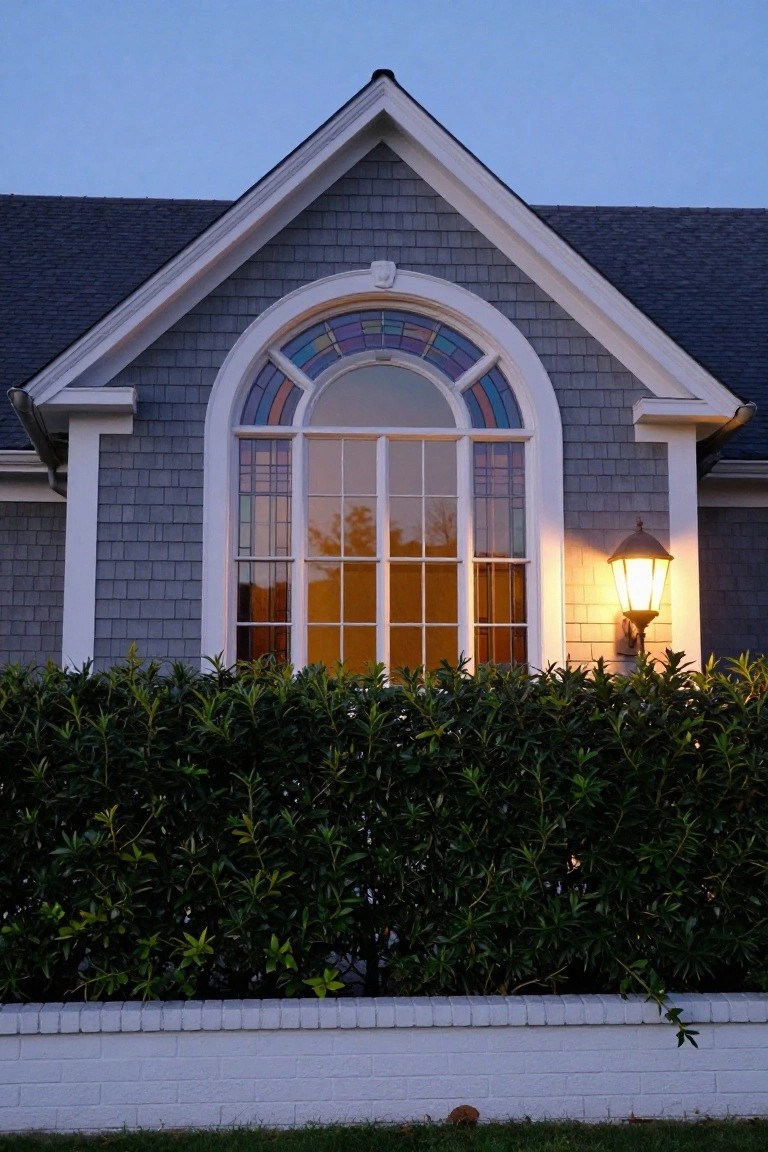 Gray shingled house exterior with tall arched window featuring multicolored stained glass transom, white trim, lit lantern light beside it, and dense green hedge along white brick base.