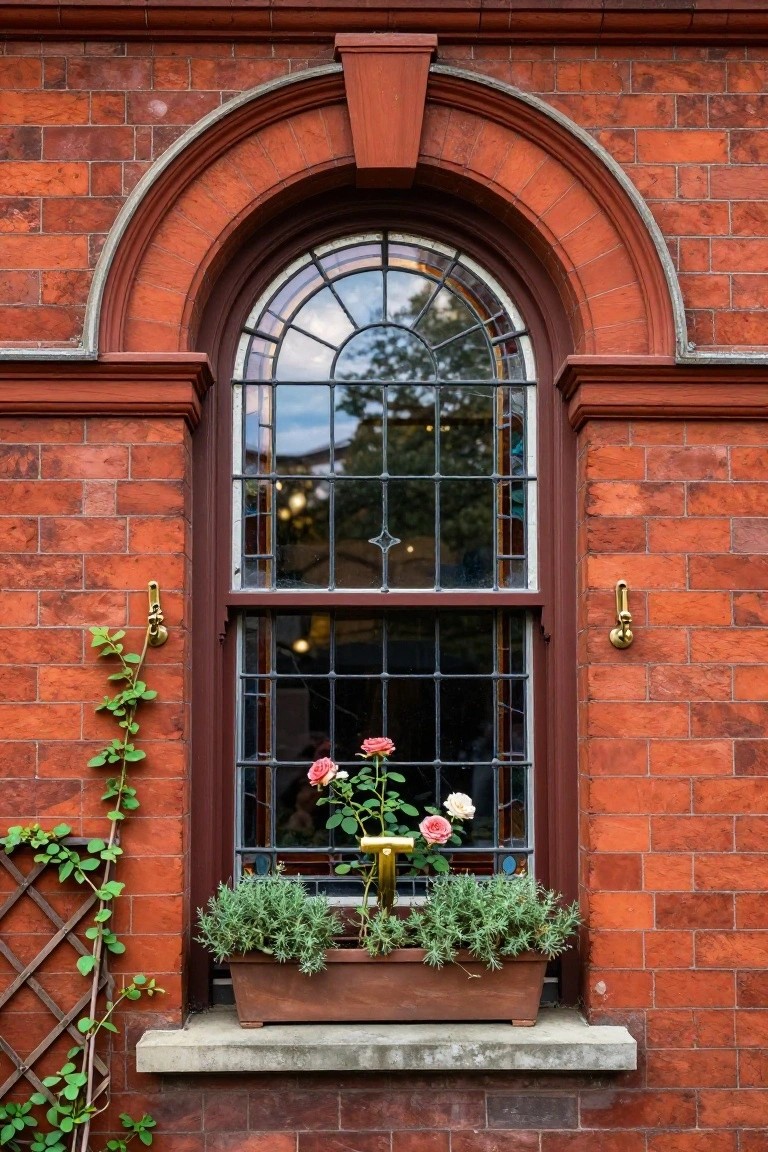 Red brick wall of a Victorian building with a tall arched window featuring leaded glass panes, a terracotta window box containing pink roses and lavender plants, climbing ivy on a wooden trellis, and brass wall-mounted lamps on either side.