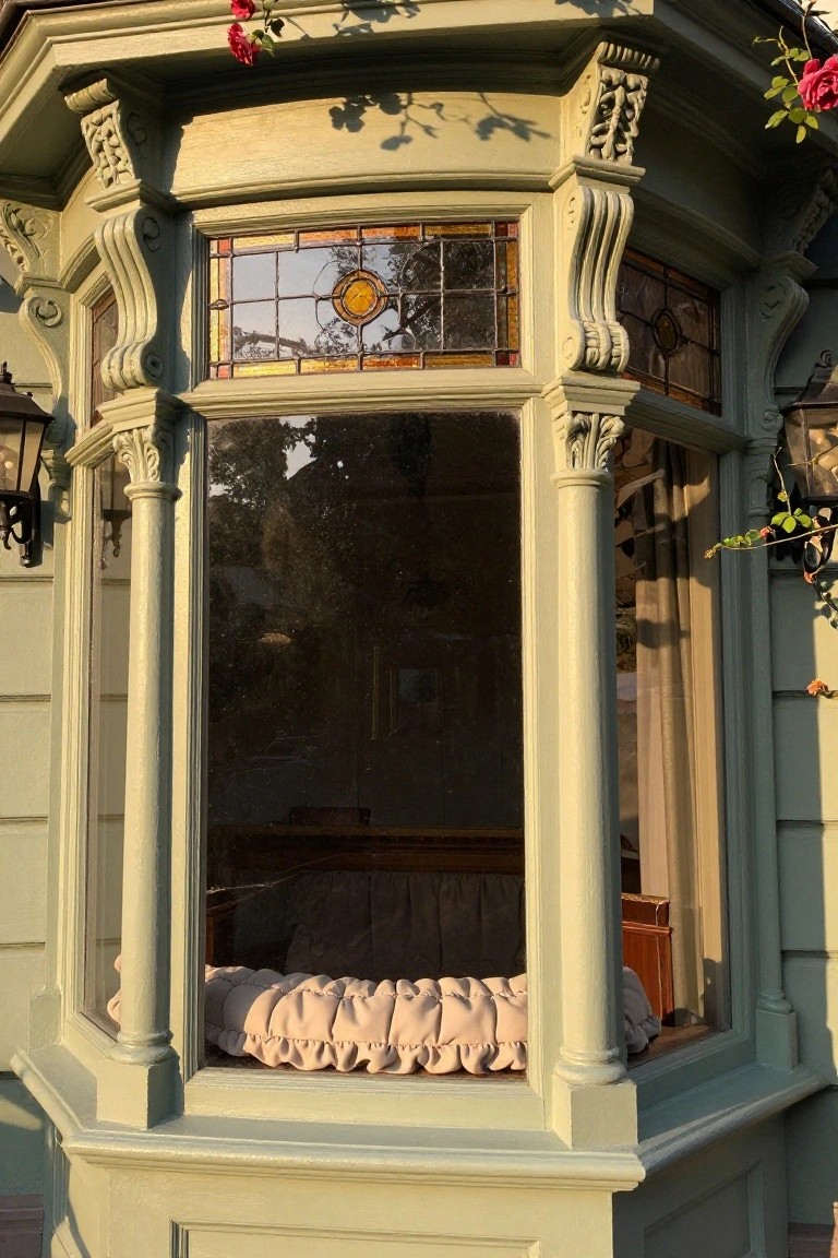 Sage green Victorian bay window with tall ornate carved columns, stained glass panels above clear glass, interior cushioned window seat, sheer curtains, lanterns, and climbing roses on the exterior.