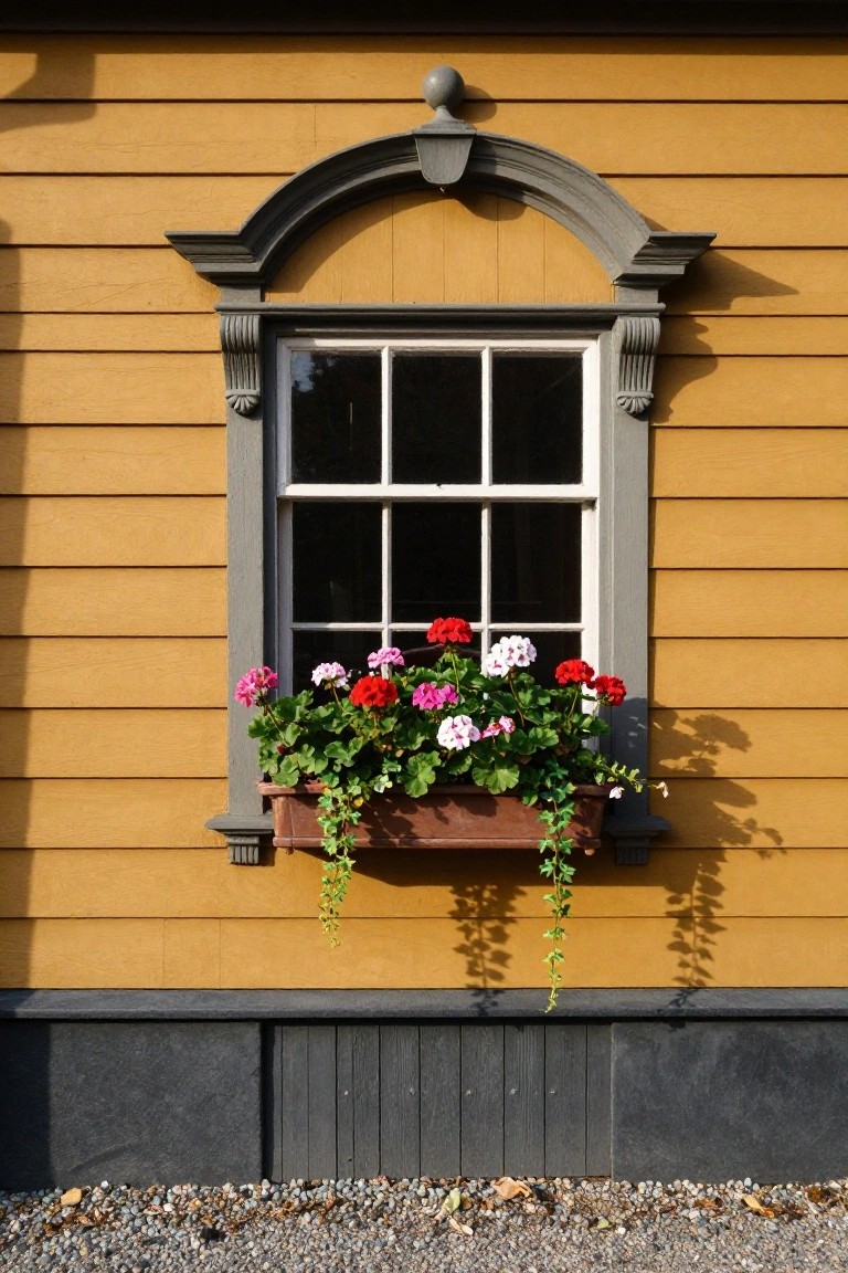 Close-up of a yellow clapboard house wall with a multi-pane window framed by gray arched pediment trim and decorative brackets, plus a wooden window box overflowing with red and pink geraniums.