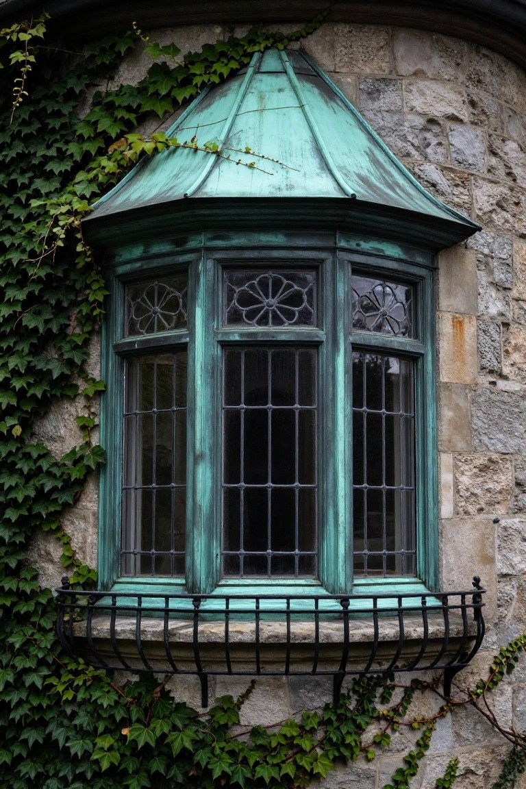 Close-up view of a three-paneled bay window with verdigris copper conical roof, leaded glass, black wrought iron balcony railing, and ivy climbing on surrounding stone wall.