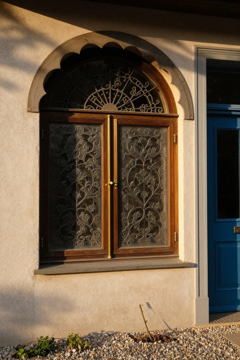 Beige stucco house wall with tall double wooden window doors featuring etched glass panels with floral designs under an arched transom with metal sunburst grille, next to a blue front door and gravel ground cover.