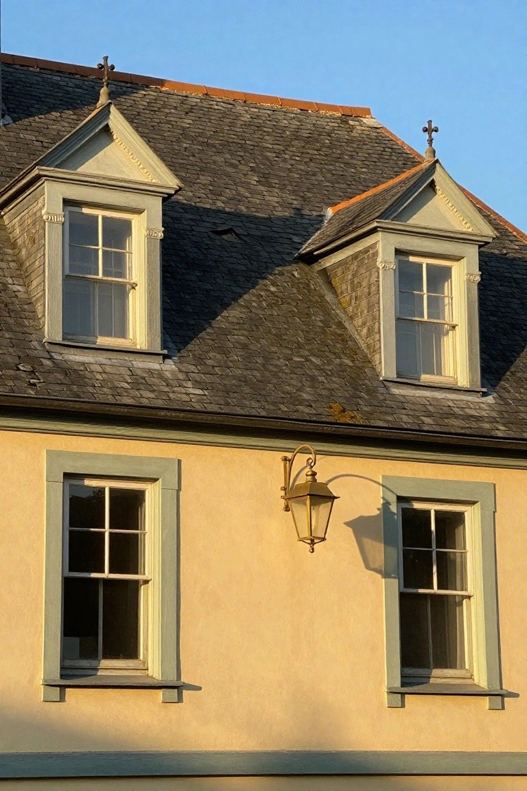 Two-story house facade with pale ochre walls, green-painted trim around multi-pane windows, dormers with slate roof and crosses on peaks, and a brass lantern between lower windows.