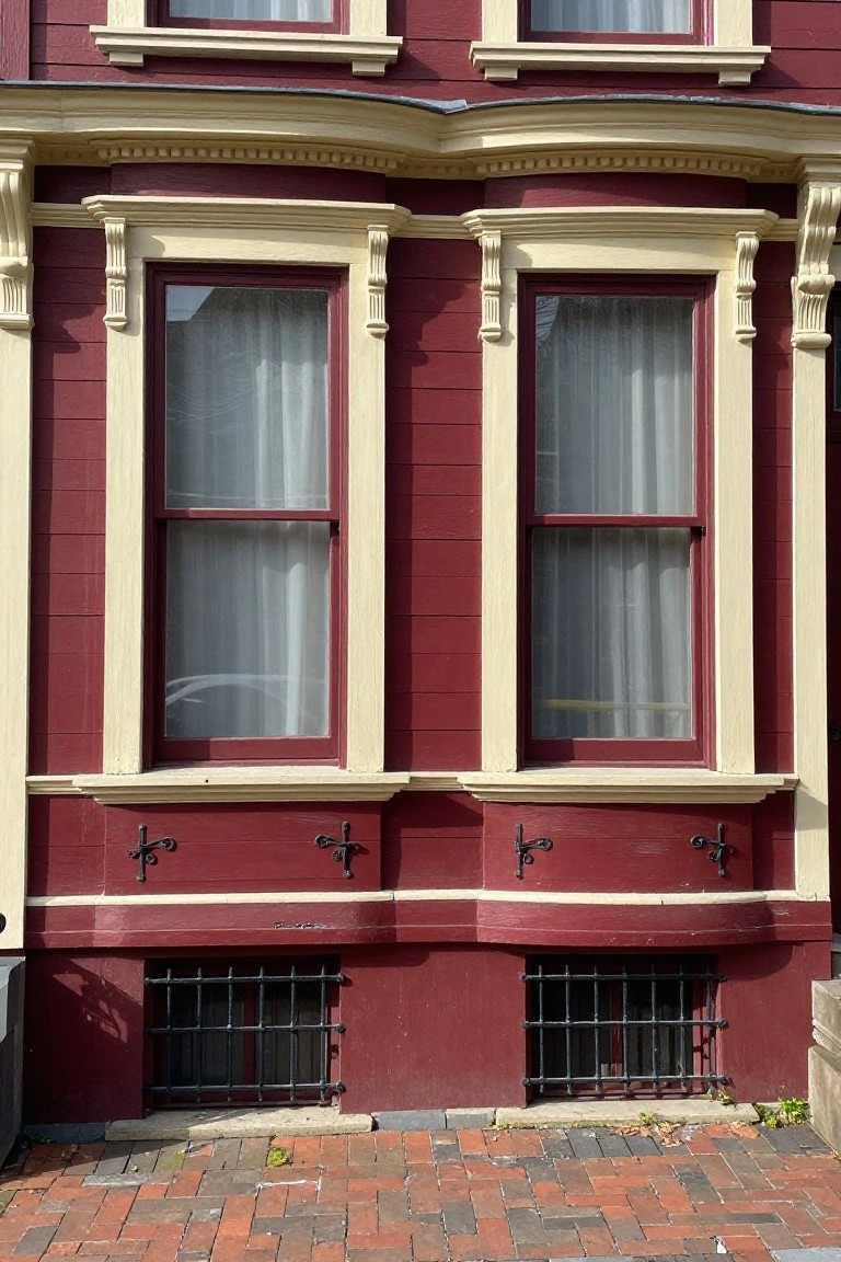 Red painted Victorian house facade with tall double-hung windows framed in ornate cream trim and brackets, plus barred basement windows and brick paver walkway in front.