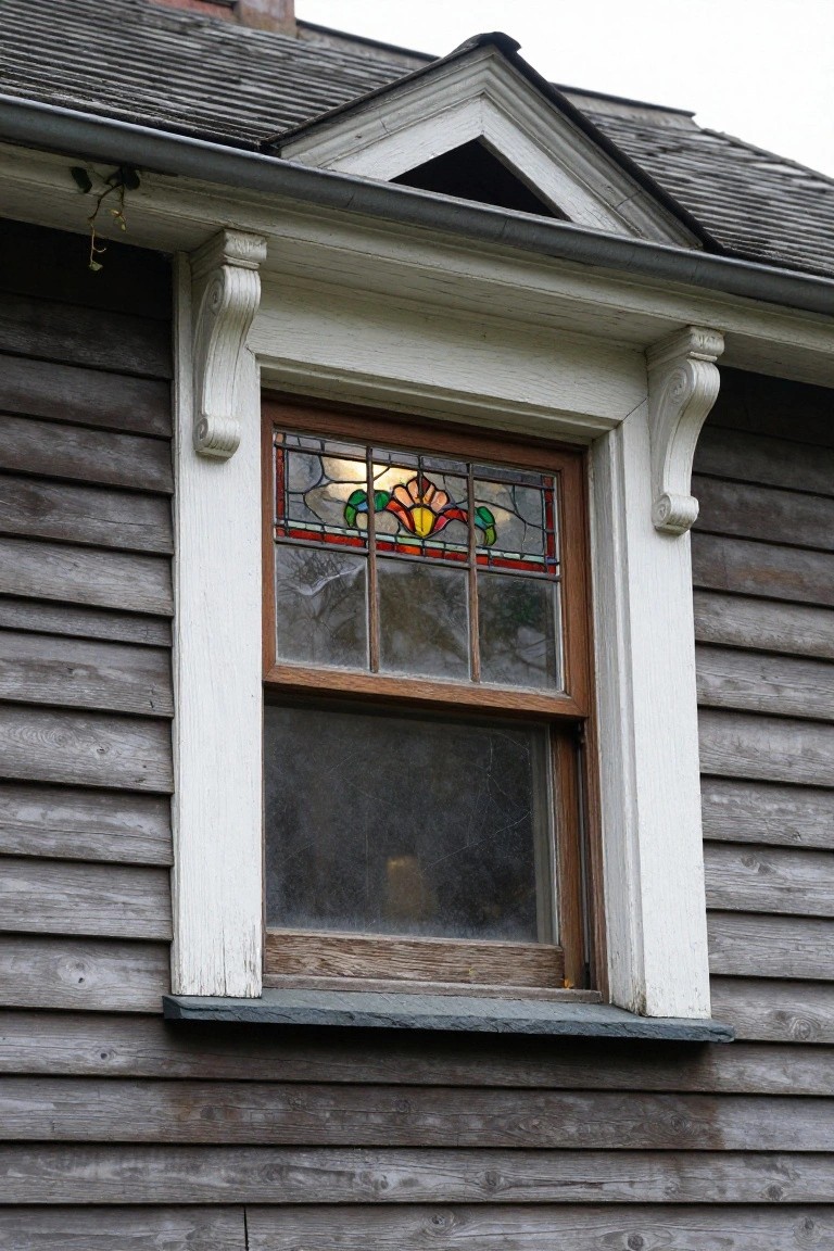 Close-up view of a double-hung window on a shingle-sided house with stained glass transom, white pediment hood supported by carved corbel brackets, and brown wood frame.