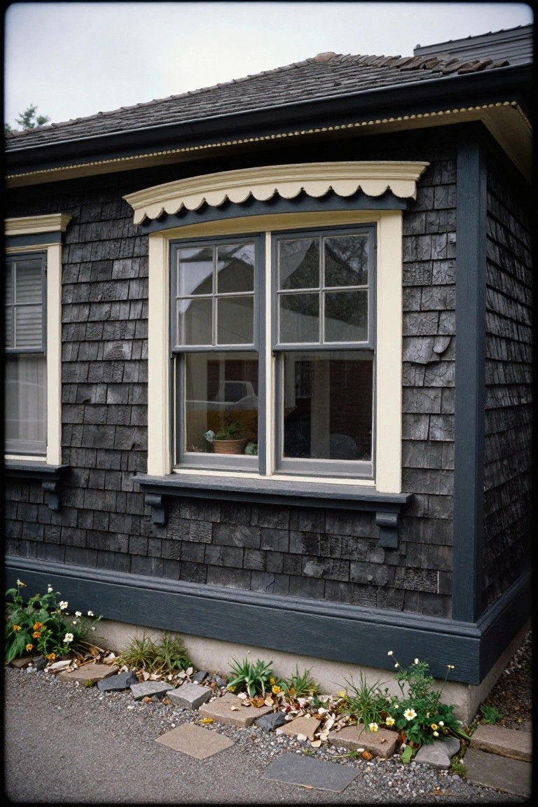 Dark shingled house exterior corner with a central double window under scalloped cream hood trim, flanked by a single window, gray sills, and low plants with stones along the foundation.
